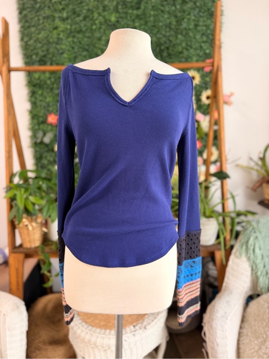 We The Free Tops - We The Free Deep Navy Long Sleeve Top with Patterned Sleeve Panels